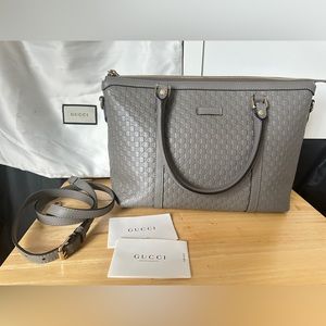 Gucci Genuine Leather Monogram Shoulder Bag Top Handle Adjustable Strap Gray